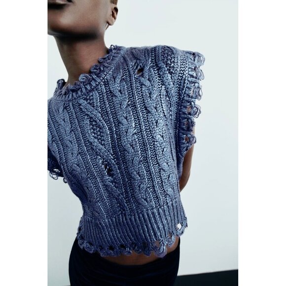 NWT Zara blue cable knit cropped metallic vest sleeveless sweater, S - Picture 3 of 12